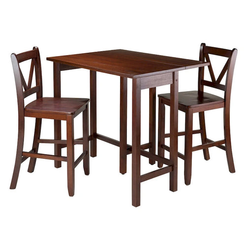 Table à rabats 3 pièces avec tabourets de comptoir à dossier en V, Noyer