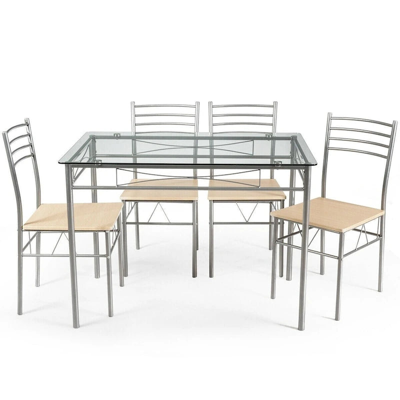Ensemble de salle à manger 5 pièces, table en verre et 4 chaises