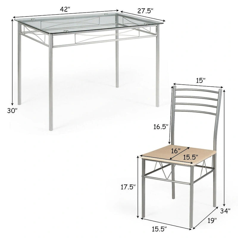 Ensemble de salle à manger 5 pièces, table en verre et 4 chaises
