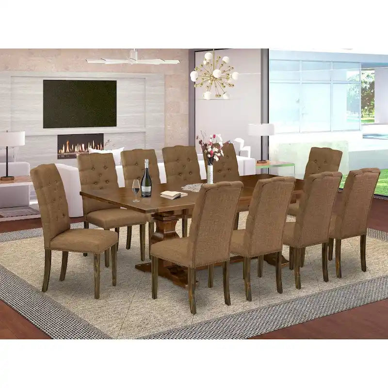 East West Furniture Ensemble de salle à manger 11 pièces – une table de salle à manger et 10 chaises Parson en tissu de lin (options de finition)