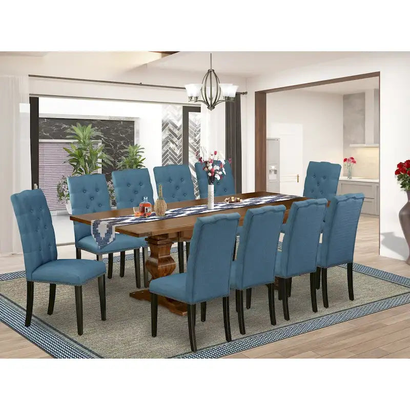 East West Furniture Ensemble de salle à manger 11 pièces – une table de salle à manger et 10 chaises Parson en tissu de lin (options de finition)