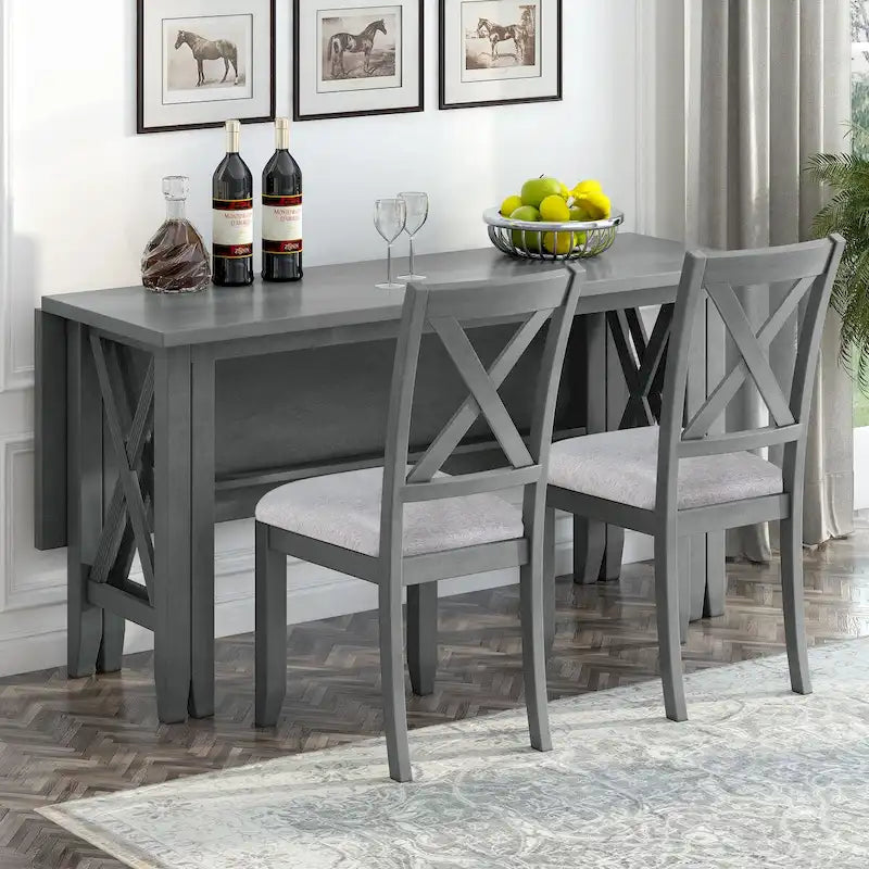 Ensemble de salle à manger familial 6 pièces, en bois massif, table pliante peu encombrante et 4 chaises avec banc pour la salle à manger