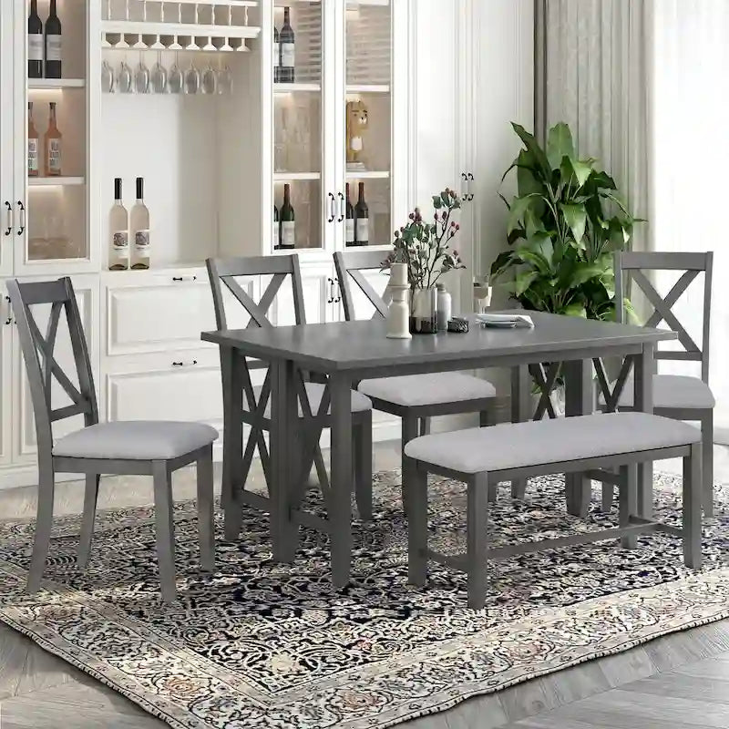 Ensemble de salle à manger familial 6 pièces, en bois massif, table pliante peu encombrante et 4 chaises avec banc pour la salle à manger