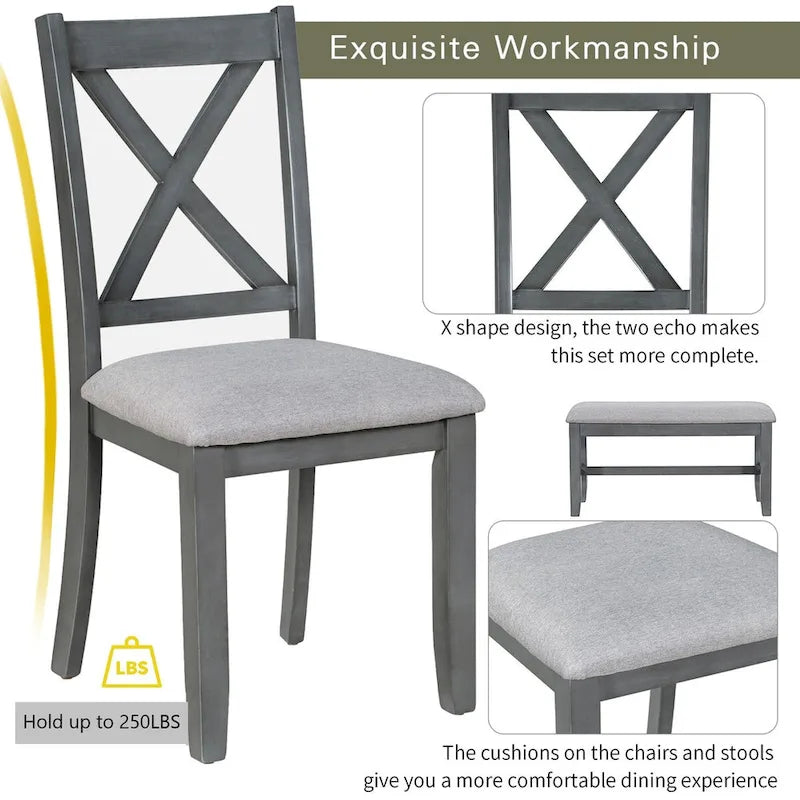 Ensemble de salle à manger familial 6 pièces, en bois massif, table pliante peu encombrante et 4 chaises avec banc pour la salle à manger
