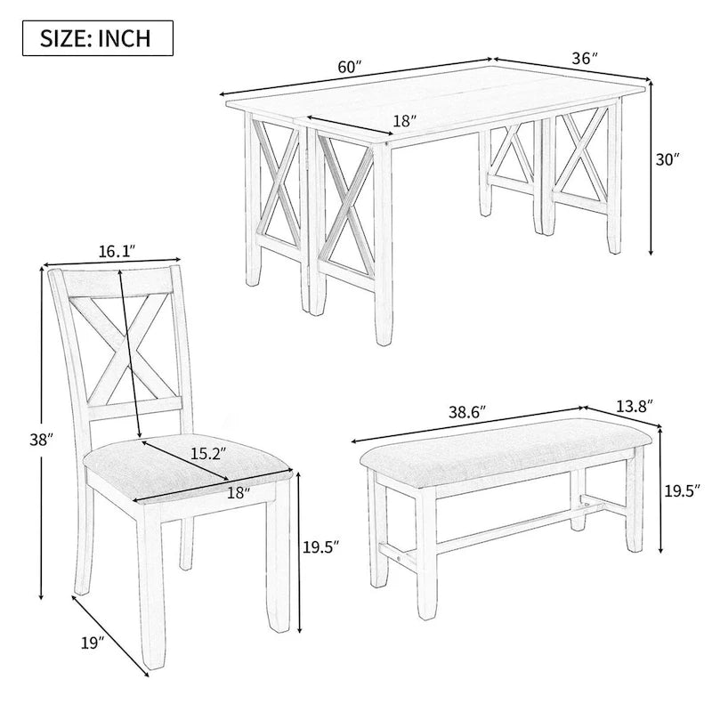 Ensemble de salle à manger familial 6 pièces, en bois massif, table pliante peu encombrante et 4 chaises avec banc pour la salle à manger