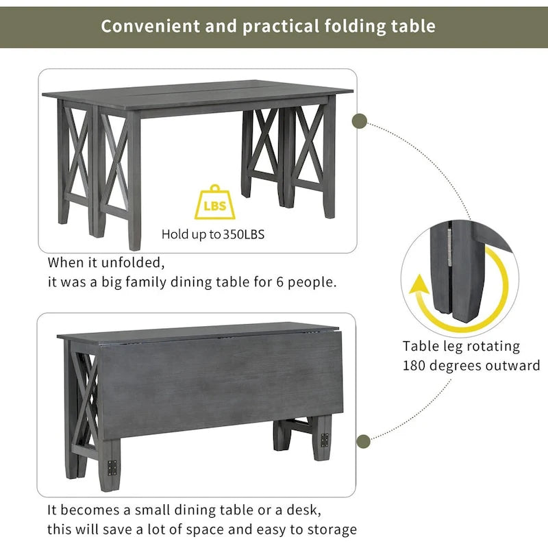 Ensemble de salle à manger familial 6 pièces, en bois massif, table pliante peu encombrante et 4 chaises avec banc pour la salle à manger