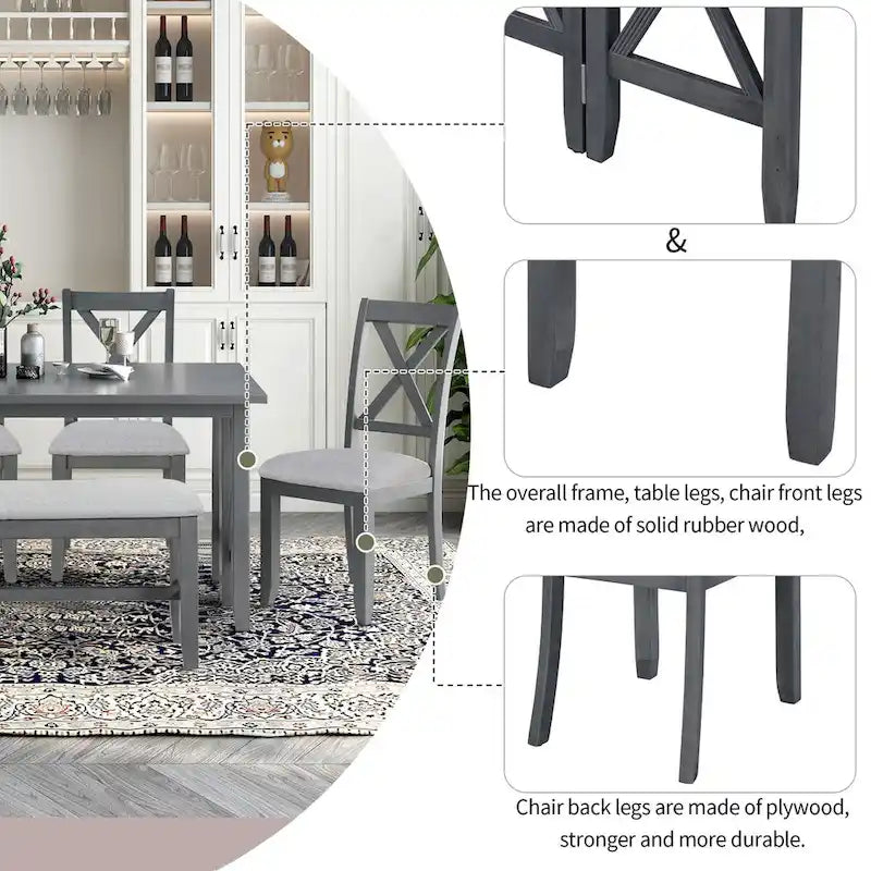 Ensemble de salle à manger familial 6 pièces, en bois massif, table pliante peu encombrante et 4 chaises avec banc pour la salle à manger