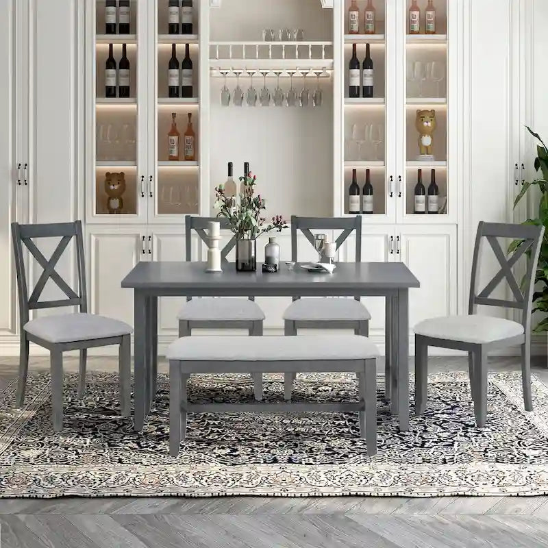 Ensemble de salle à manger familial 6 pièces, en bois massif, table pliante peu encombrante et 4 chaises avec banc pour la salle à manger
