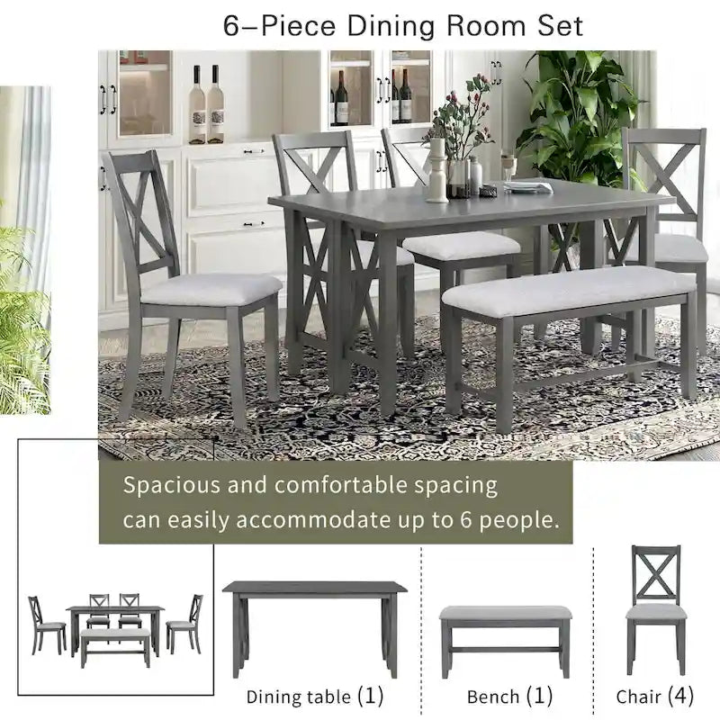 Ensemble de salle à manger familial 6 pièces, en bois massif, table pliante peu encombrante et 4 chaises avec banc pour la salle à manger