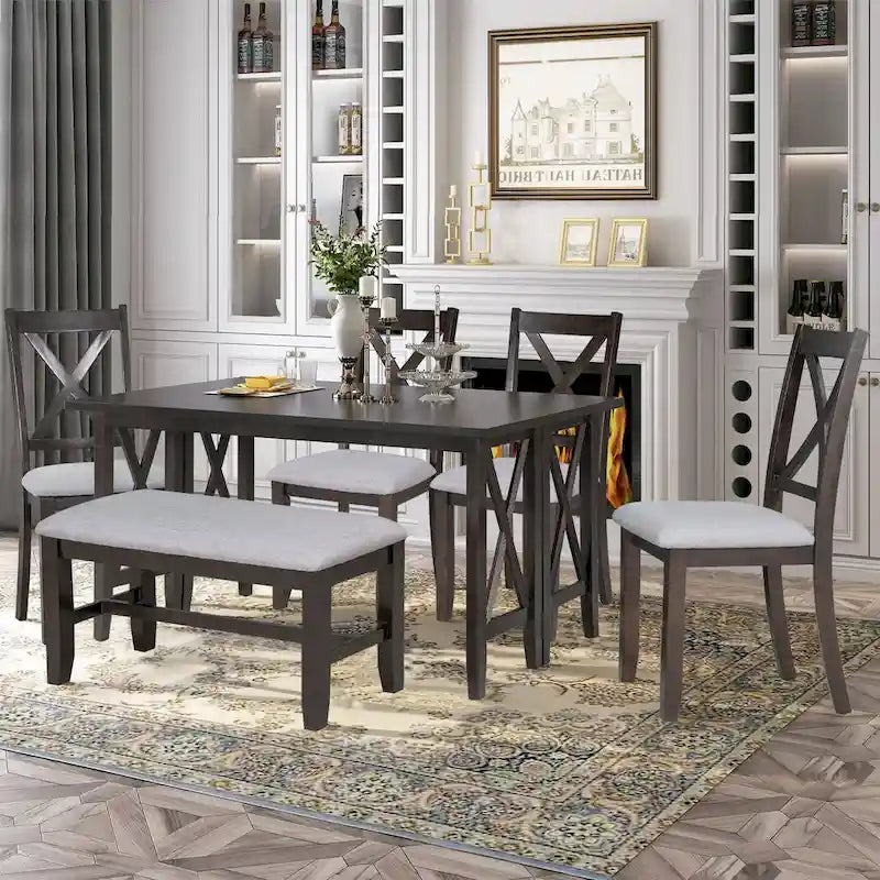 Ensemble de salle à manger familial 6 pièces, en bois massif, table pliante peu encombrante et 4 chaises avec banc pour la salle à manger
