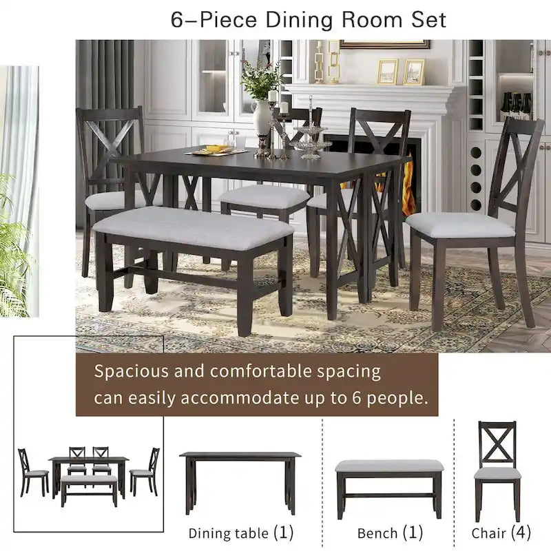 Ensemble de salle à manger familial 6 pièces, en bois massif, table pliante peu encombrante et 4 chaises avec banc pour la salle à manger