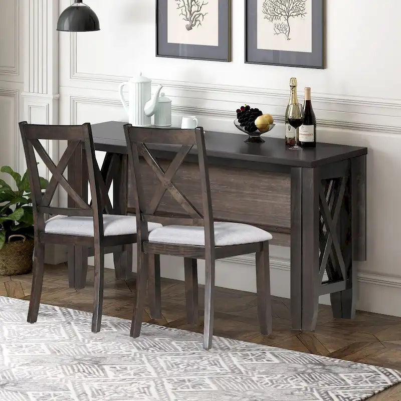 Ensemble de salle à manger familial 6 pièces, en bois massif, table pliante peu encombrante et 4 chaises avec banc pour la salle à manger