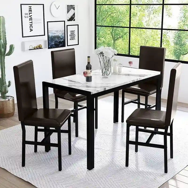 Ensemble de salle à manger moderne de 5 pièces en faux marbre avec 4 chaises rembourrées en cuir PU
