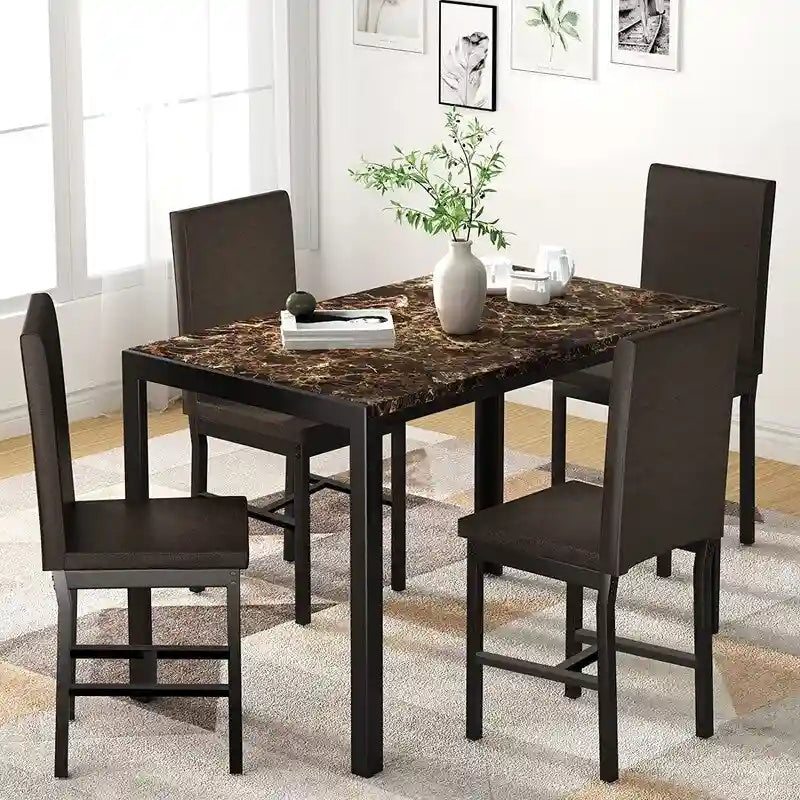 Ensemble de salle à manger moderne de 5 pièces en faux marbre avec 4 chaises rembourrées en cuir PU