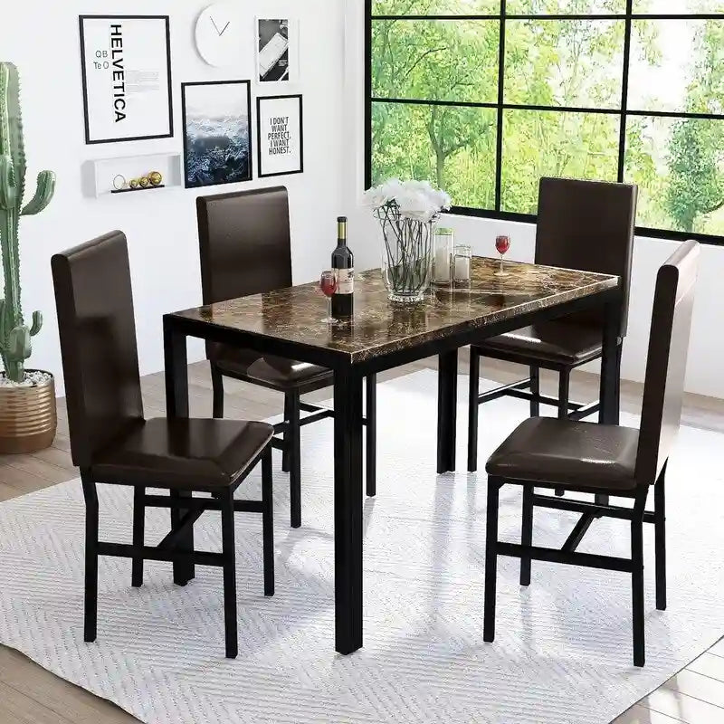 Ensemble de salle à manger moderne de 5 pièces en faux marbre avec 4 chaises rembourrées en cuir PU