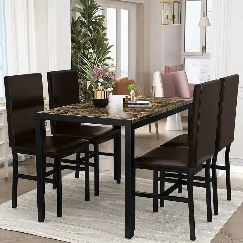 Ensemble de salle à manger moderne de 5 pièces en faux marbre avec 4 chaises rembourrées en cuir PU