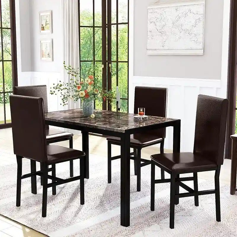 Ensemble de salle à manger moderne de 5 pièces en faux marbre avec 4 chaises rembourrées en cuir PU