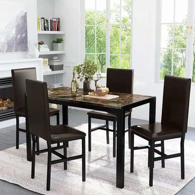 Ensemble de salle à manger moderne de 5 pièces en faux marbre avec 4 chaises rembourrées en cuir PU
