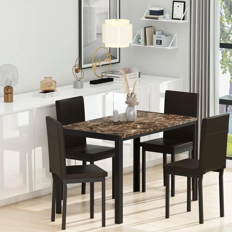 Ensemble de salle à manger moderne de 5 pièces en faux marbre avec 4 chaises rembourrées en cuir PU