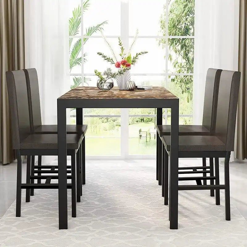 Ensemble de salle à manger moderne de 5 pièces en faux marbre avec 4 chaises rembourrées en cuir PU