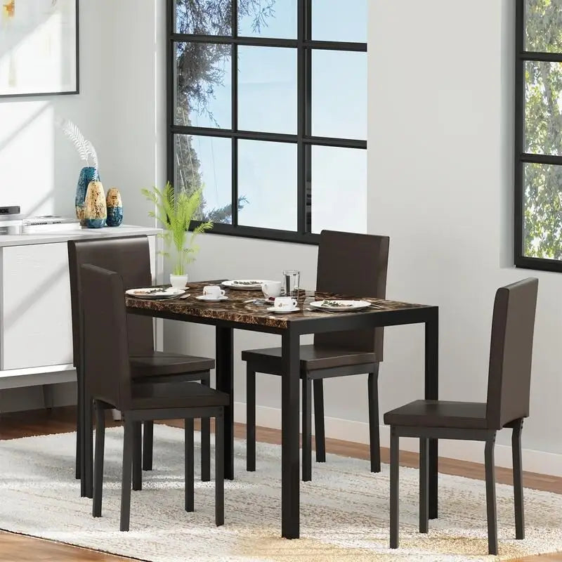 Ensemble de salle à manger moderne de 5 pièces en faux marbre avec 4 chaises rembourrées en cuir PU