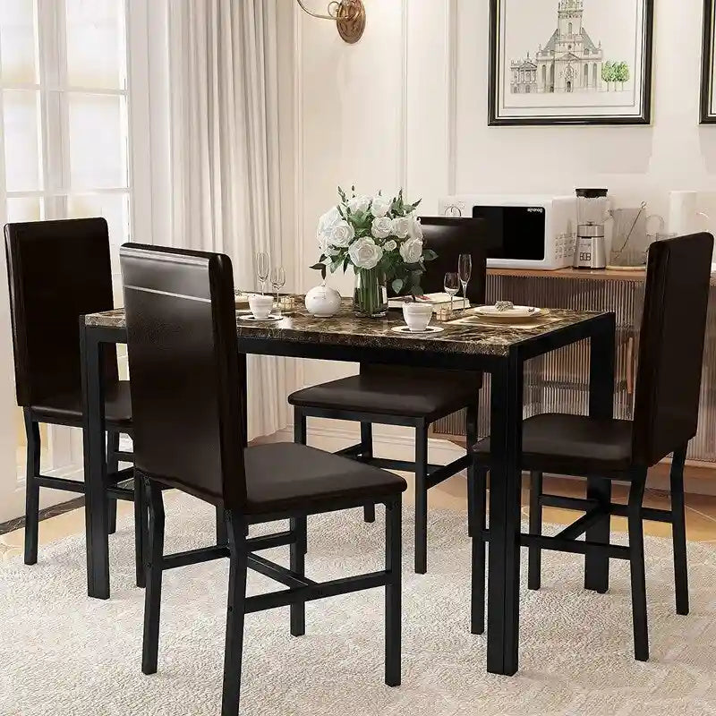 Ensemble de salle à manger moderne de 5 pièces en faux marbre avec 4 chaises rembourrées en cuir PU