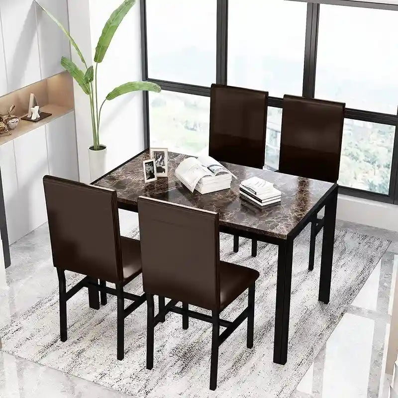 Ensemble de salle à manger moderne de 5 pièces en faux marbre avec 4 chaises rembourrées en cuir PU