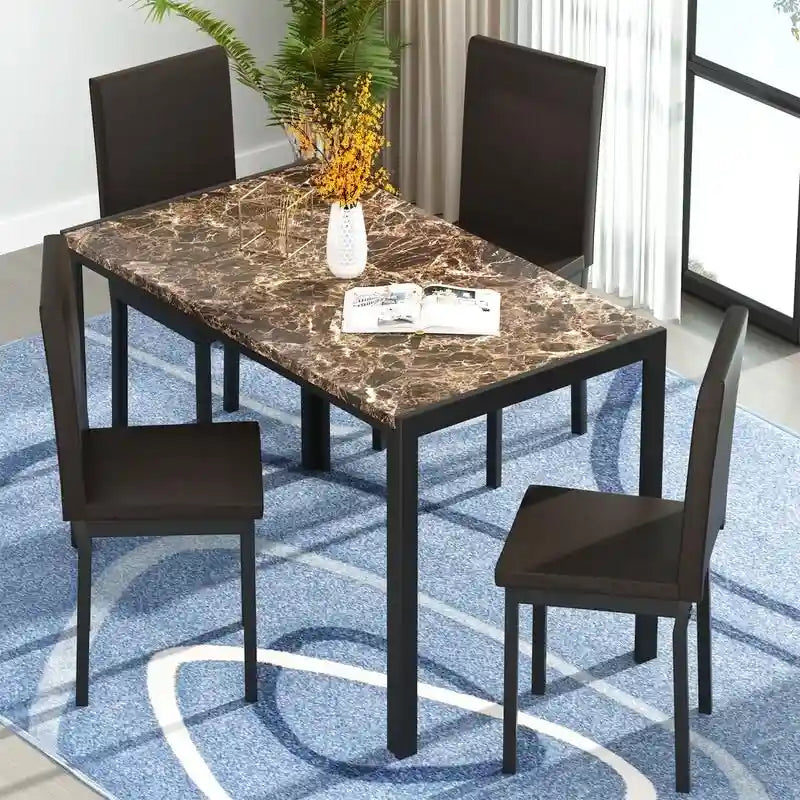 Ensemble de salle à manger moderne de 5 pièces en faux marbre avec 4 chaises rembourrées en cuir PU
