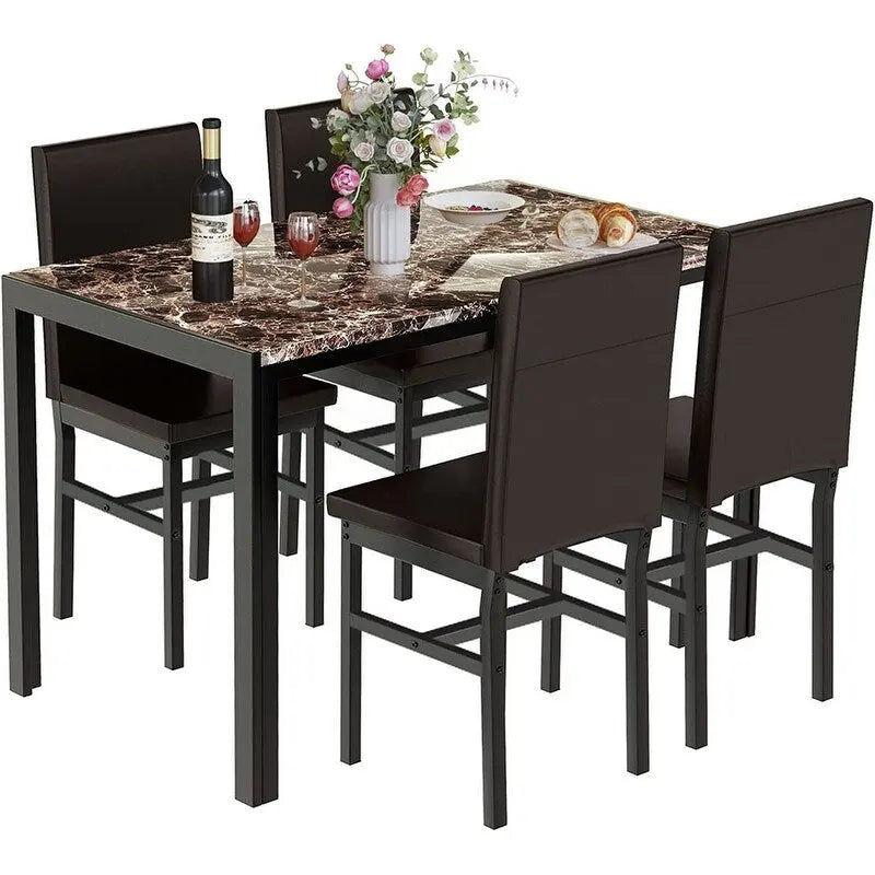 Ensemble de salle à manger moderne de 5 pièces en faux marbre avec 4 chaises rembourrées en cuir PU