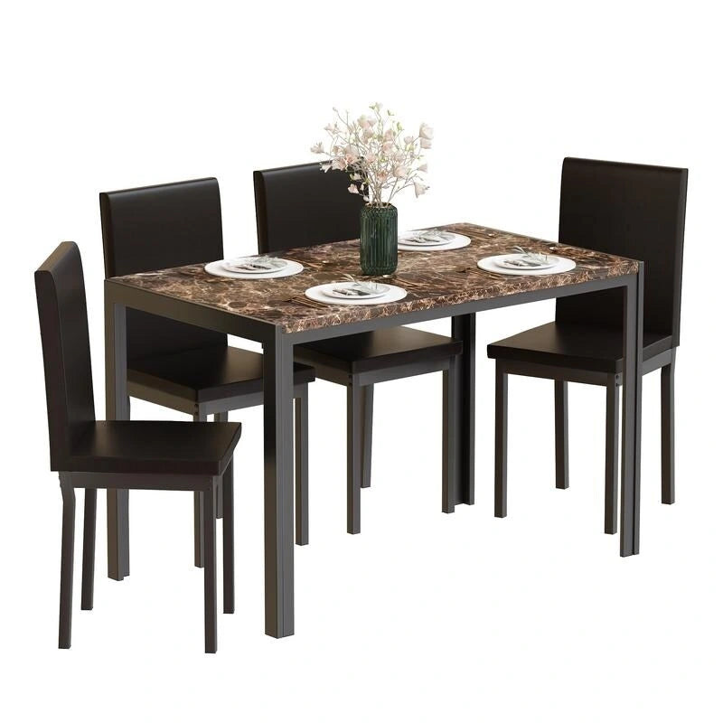 Ensemble de salle à manger moderne de 5 pièces en faux marbre avec 4 chaises rembourrées en cuir PU