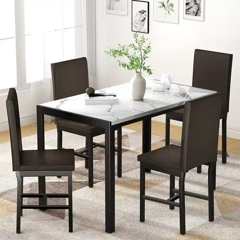 Ensemble de salle à manger moderne de 5 pièces en faux marbre avec 4 chaises rembourrées en cuir PU