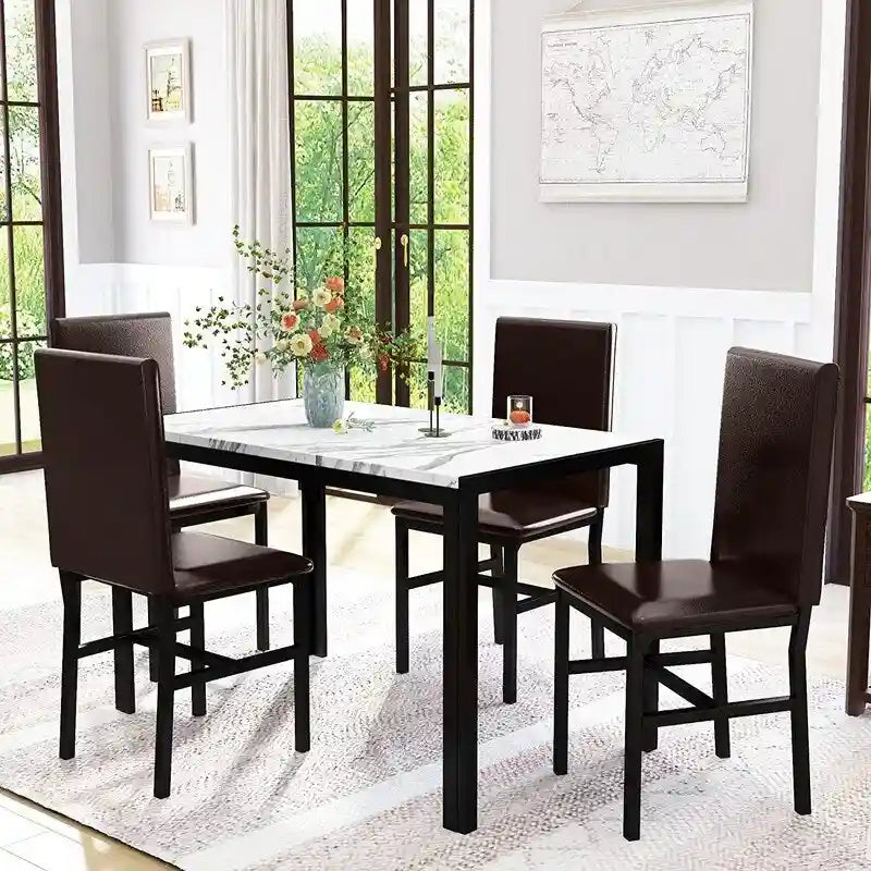 Ensemble de salle à manger moderne de 5 pièces en faux marbre avec 4 chaises rembourrées en cuir PU