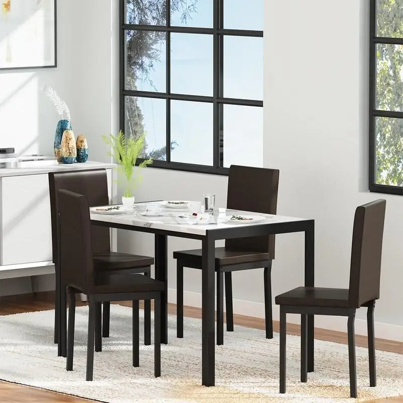 Ensemble de salle à manger moderne de 5 pièces en faux marbre avec 4 chaises rembourrées en cuir PU