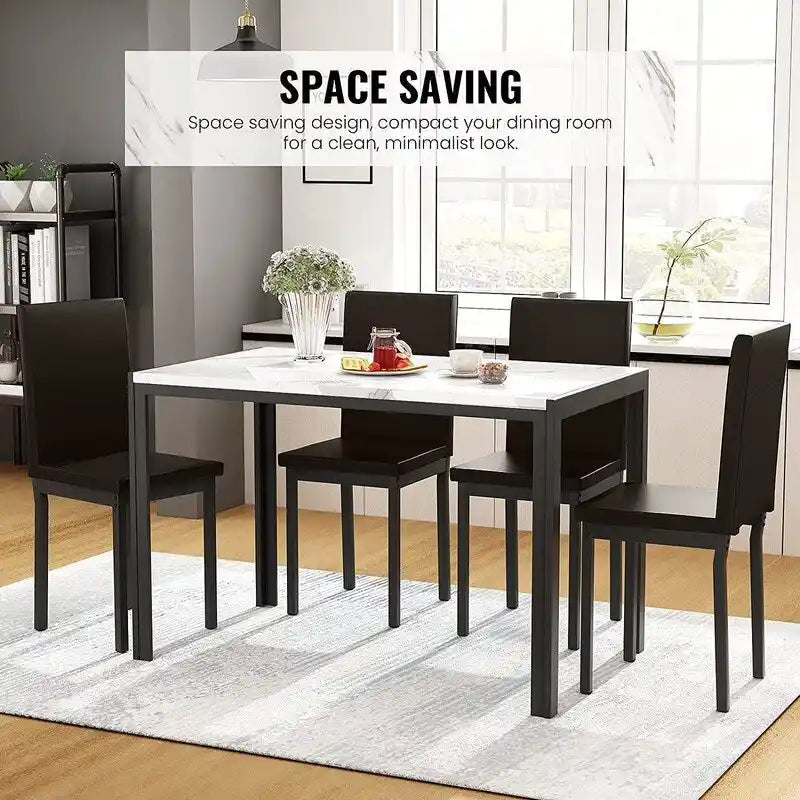 Ensemble de salle à manger moderne de 5 pièces en faux marbre avec 4 chaises rembourrées en cuir PU