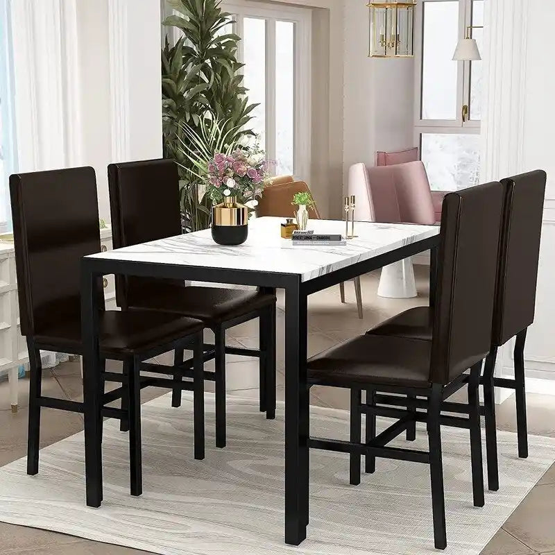 Ensemble de salle à manger moderne de 5 pièces en faux marbre avec 4 chaises rembourrées en cuir PU