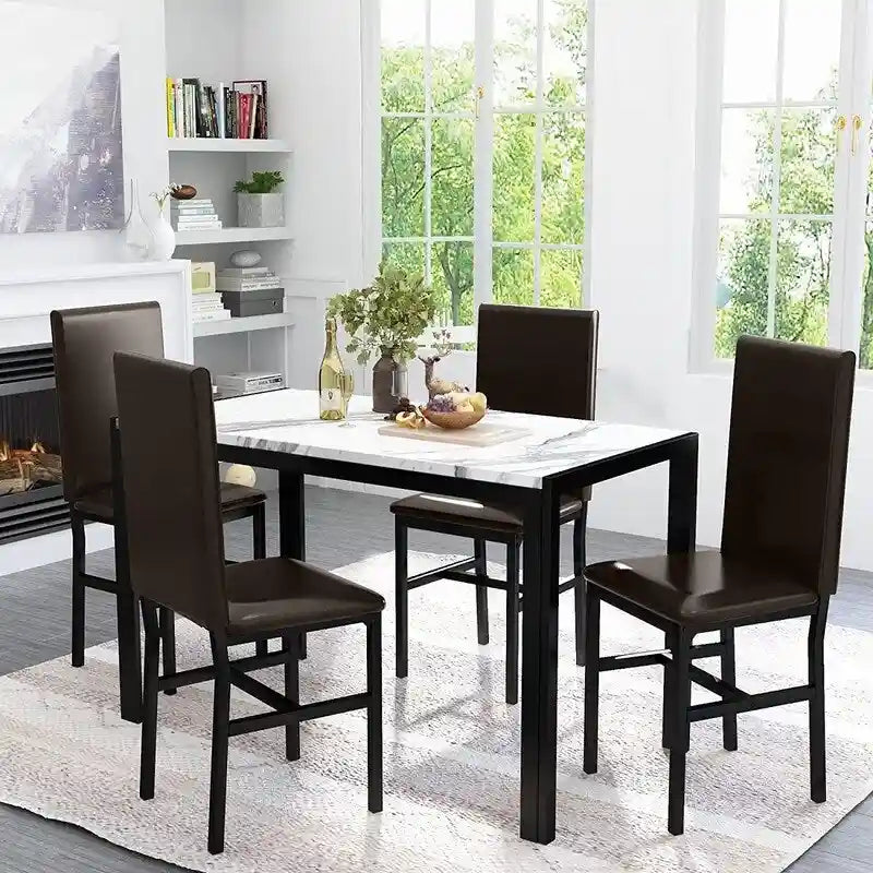 Ensemble de salle à manger moderne de 5 pièces en faux marbre avec 4 chaises rembourrées en cuir PU