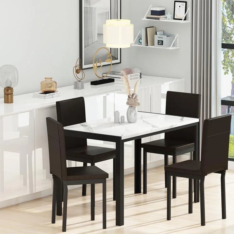 Ensemble de salle à manger moderne de 5 pièces en faux marbre avec 4 chaises rembourrées en cuir PU
