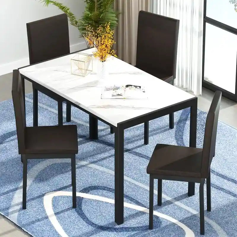 Ensemble de salle à manger moderne de 5 pièces en faux marbre avec 4 chaises rembourrées en cuir PU