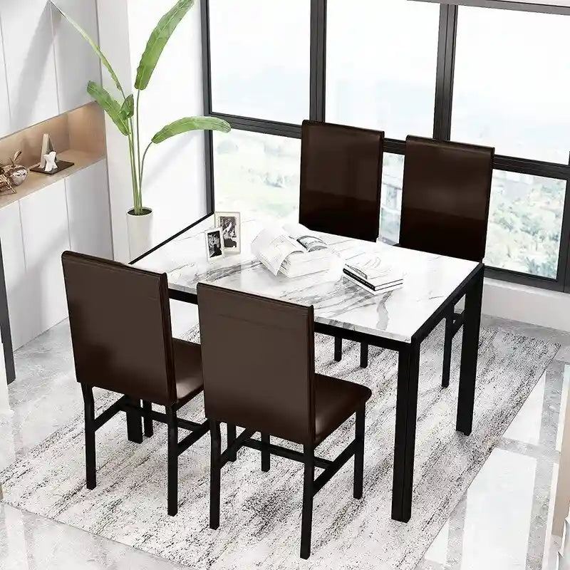 Ensemble de salle à manger moderne de 5 pièces en faux marbre avec 4 chaises rembourrées en cuir PU