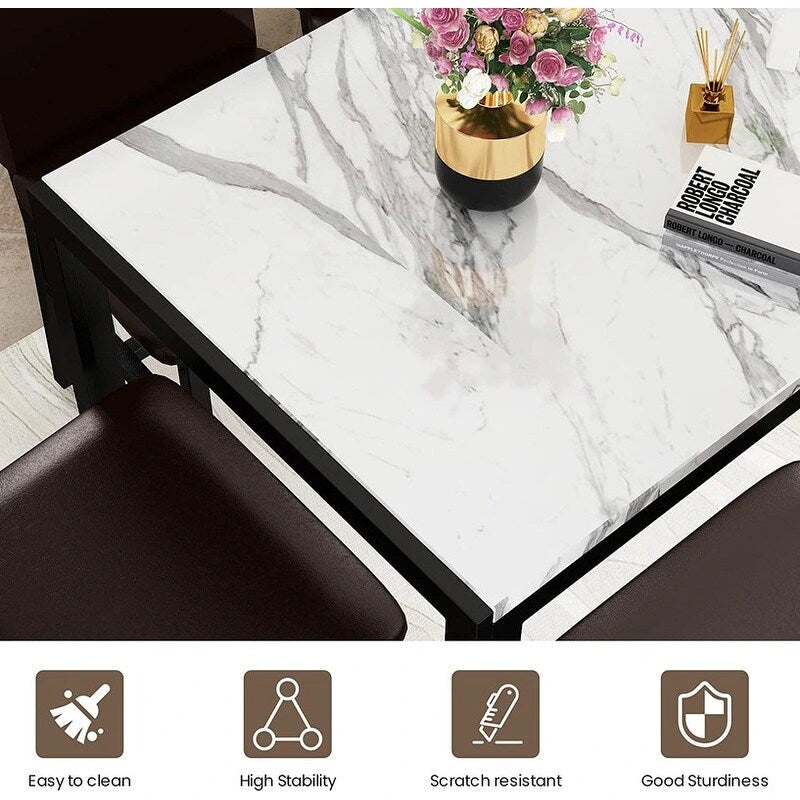 Ensemble de salle à manger moderne de 5 pièces en faux marbre avec 4 chaises rembourrées en cuir PU