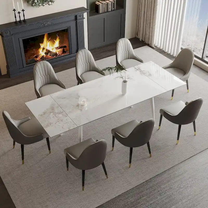 Table à manger extensible 9 pièces en pierre frittée pour 8 personnes