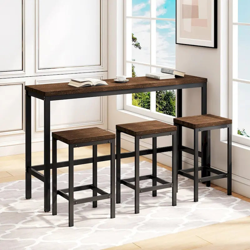 Table de salle à manger de conception moderne, table de pub, ensemble de longue table à manger avec 3 tabourets, assemblage facile