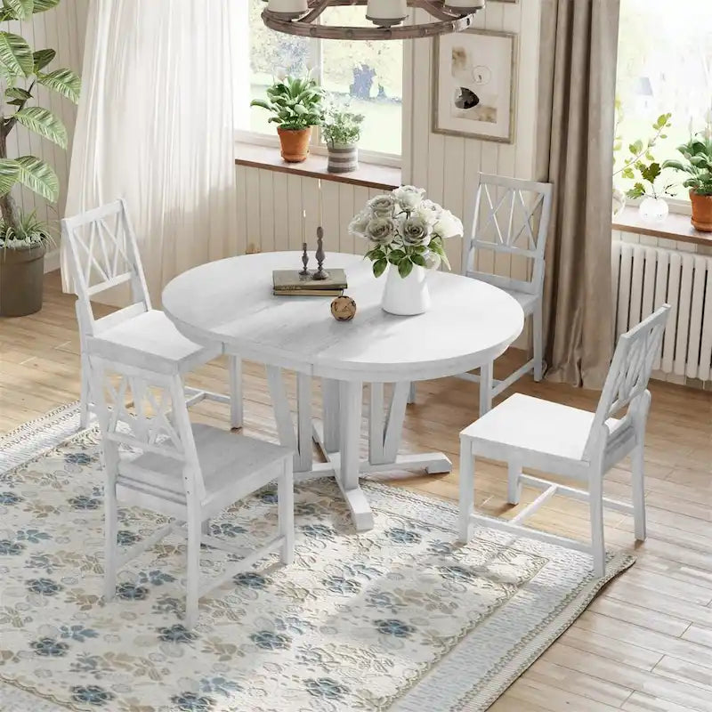 Ensemble de salle à manger extensible avec table ronde à tréteaux et 4 chaises de salle à manger