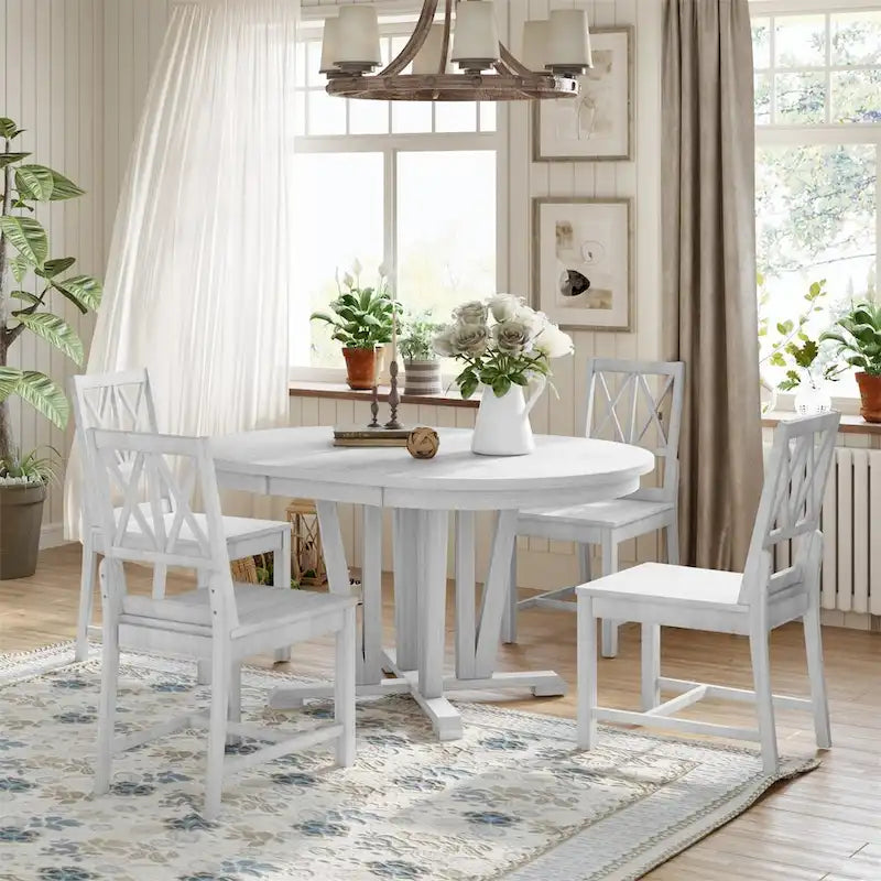 Ensemble de salle à manger extensible avec table ronde à tréteaux et 4 chaises de salle à manger