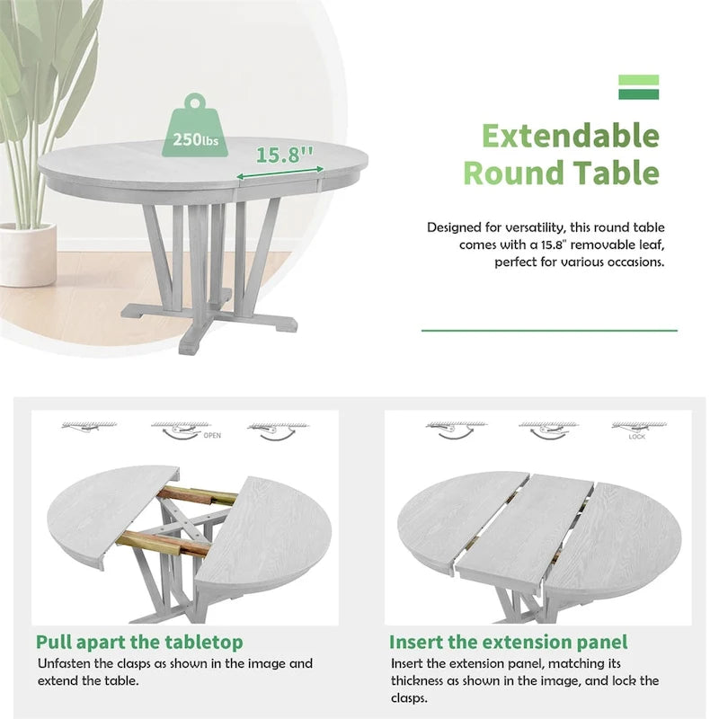 Ensemble de salle à manger extensible avec table ronde à tréteaux et 4 chaises de salle à manger