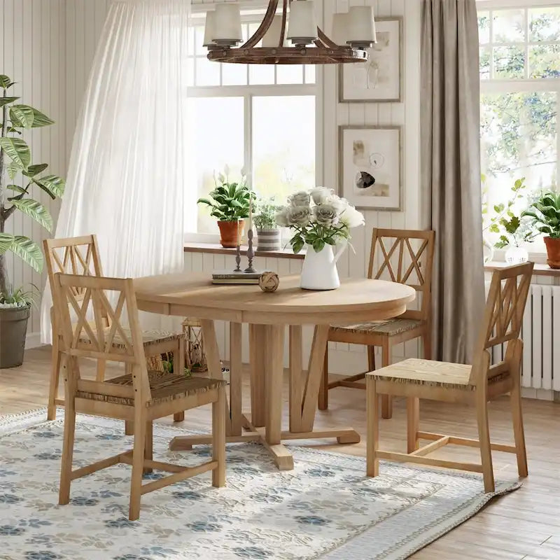 Ensemble de salle à manger extensible avec table ronde à tréteaux et 4 chaises de salle à manger