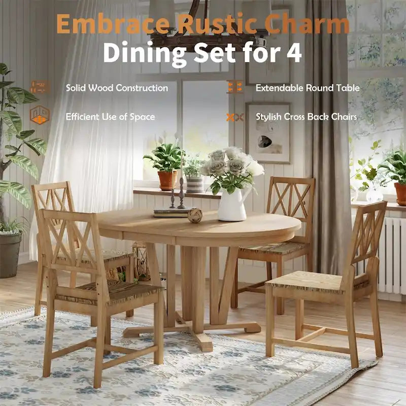 Ensemble de salle à manger extensible avec table ronde à tréteaux et 4 chaises de salle à manger