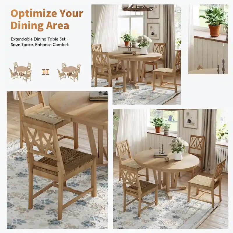Ensemble de salle à manger extensible avec table ronde à tréteaux et 4 chaises de salle à manger