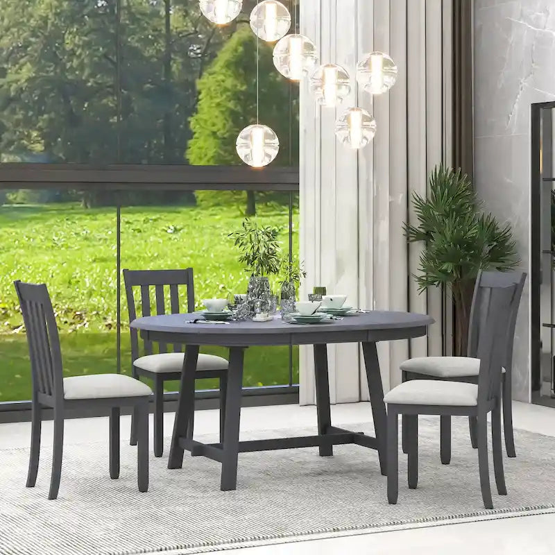 Ensemble table à manger et 4 chaises en bois, table ronde extensible, pour 4 personnes