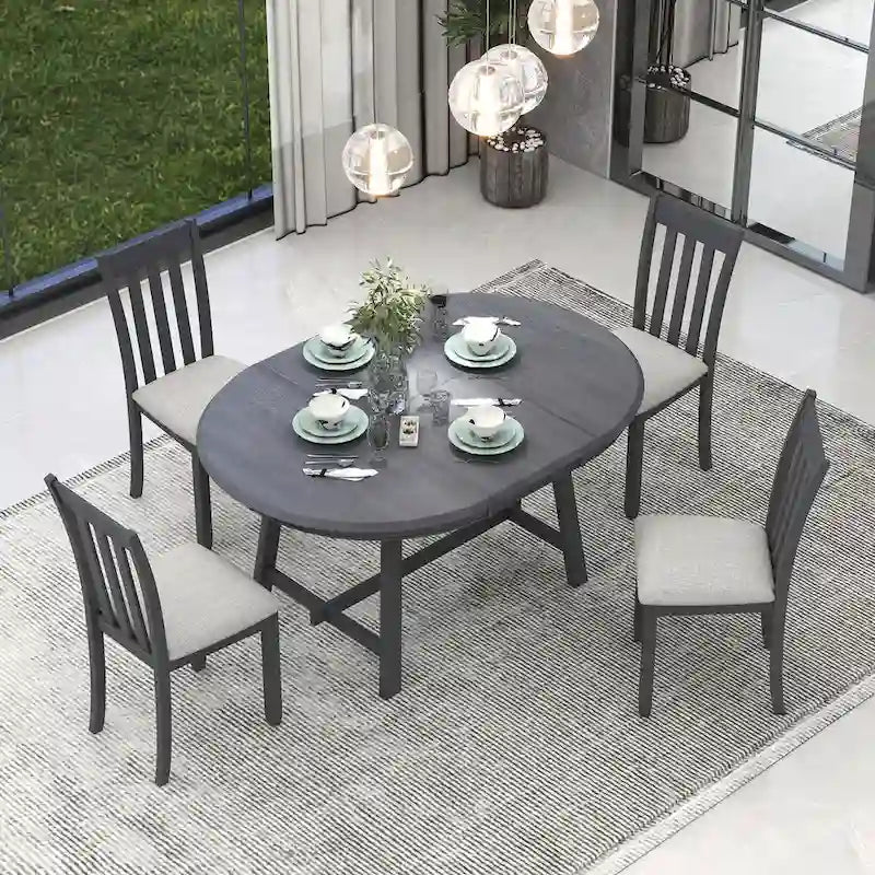 Ensemble table à manger et 4 chaises en bois, table ronde extensible, pour 4 personnes